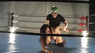 Busty hairy Jap banged in a wrestling ring