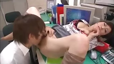 japanese female boss is licked pussy in office