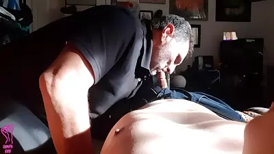Latino Stepdaddy Sucks Disabled Boys Cock &amp; Titties For His Birthday