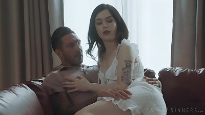 Horny teen brunette is secretly fucking her step- father, even while her mom is at home