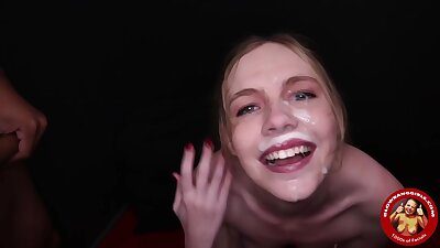 Small titted blonde girl is sucking cocks and getting cum on face in the end