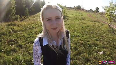 Beautiful teen schoolgirl mouth and pussy fucked on the way from school