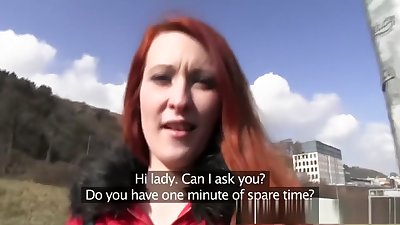 Sexy ginger babe fucks outside in public